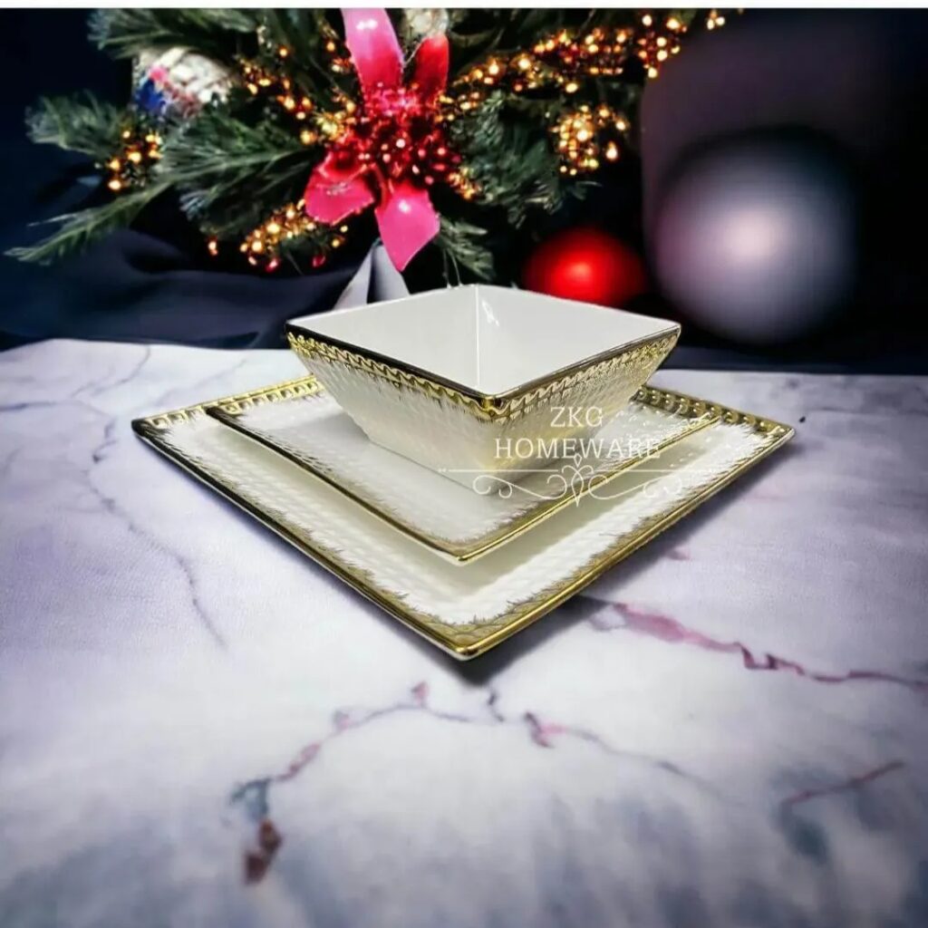 Premium Gold & White Ribbed Square Dinnerset - ZKG Homeware